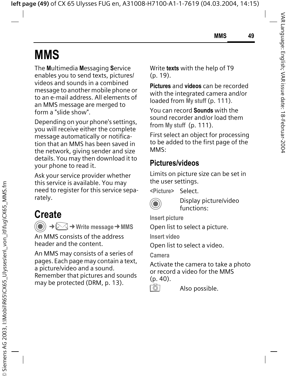 Create, Pictures/videos | Siemens CXT65 User Manual | Page 50 / 141