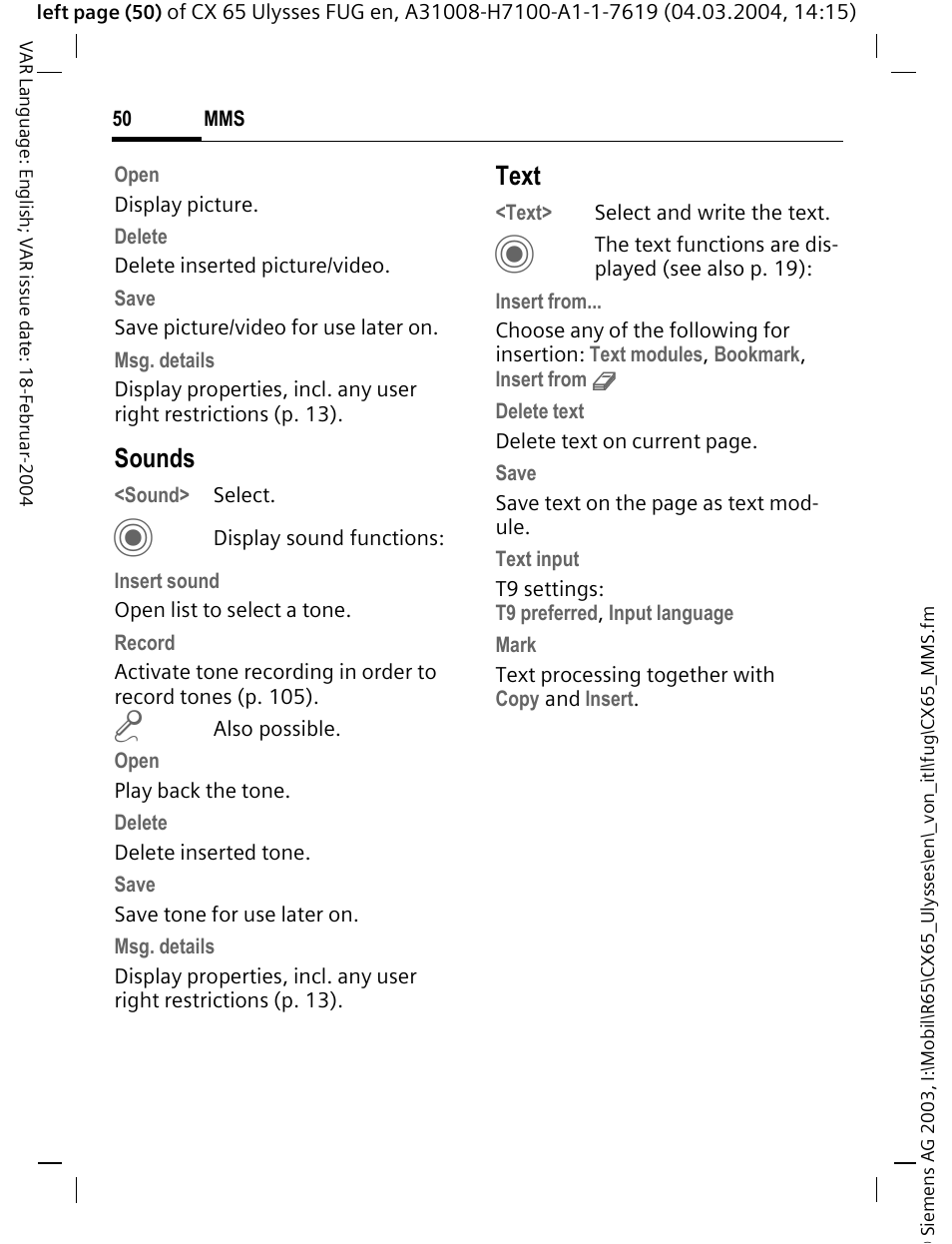 Sounds, Text | Siemens CXT65 User Manual | Page 51 / 141