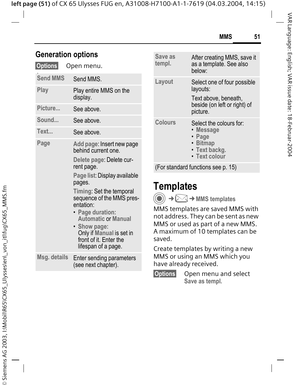 Templates, Generation options | Siemens CXT65 User Manual | Page 52 / 141