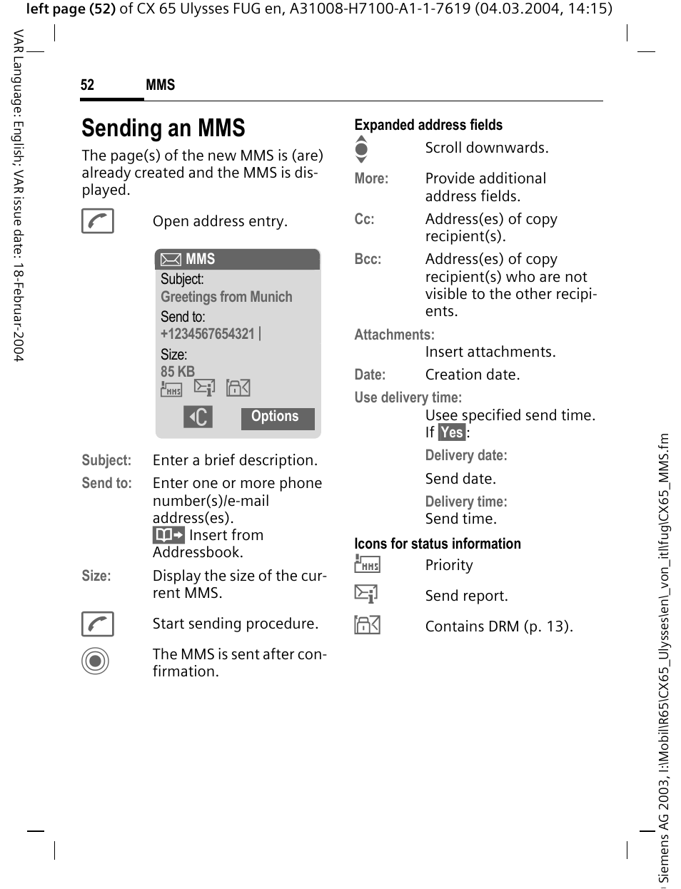 Sending an mms | Siemens CXT65 User Manual | Page 53 / 141