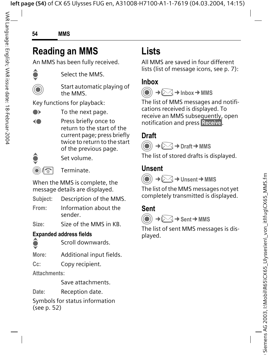 Reading an mms, Lists | Siemens CXT65 User Manual | Page 55 / 141