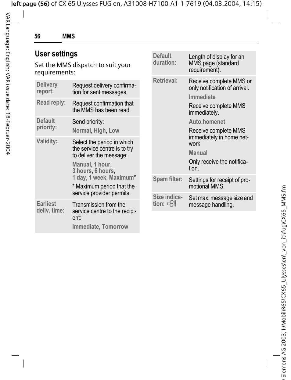 User settings | Siemens CXT65 User Manual | Page 57 / 141