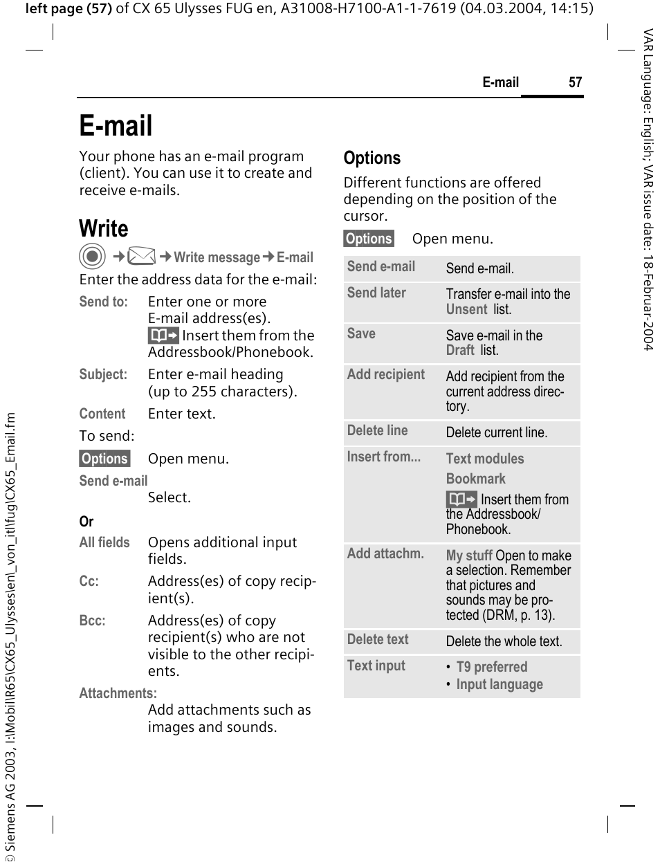 E-mail, Write, Options | Siemens CXT65 User Manual | Page 58 / 141