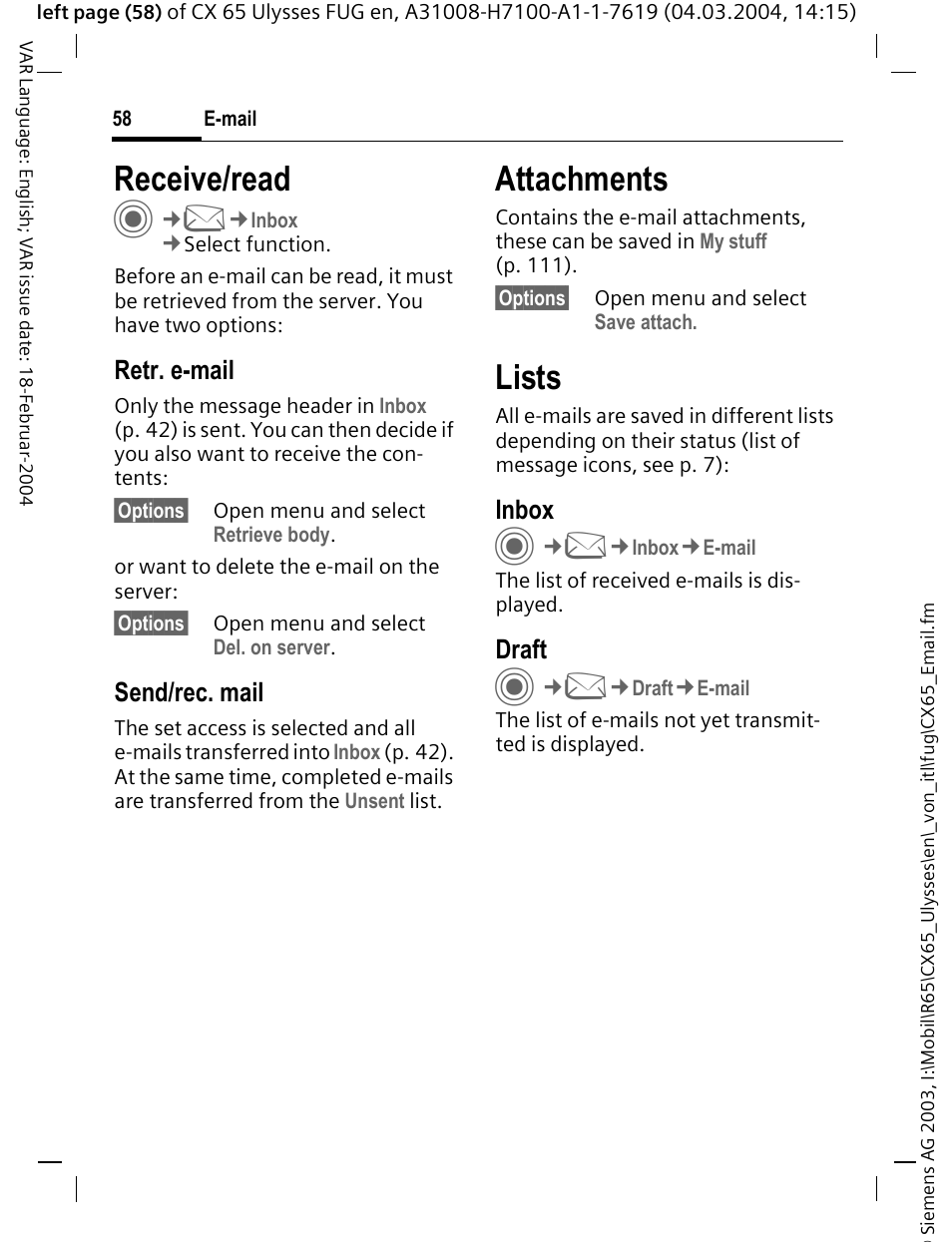 Receive/read, Attachments, Lists | Retr. e-mail, Send/rec. mail, Inbox, Draft | Siemens CXT65 User Manual | Page 59 / 141