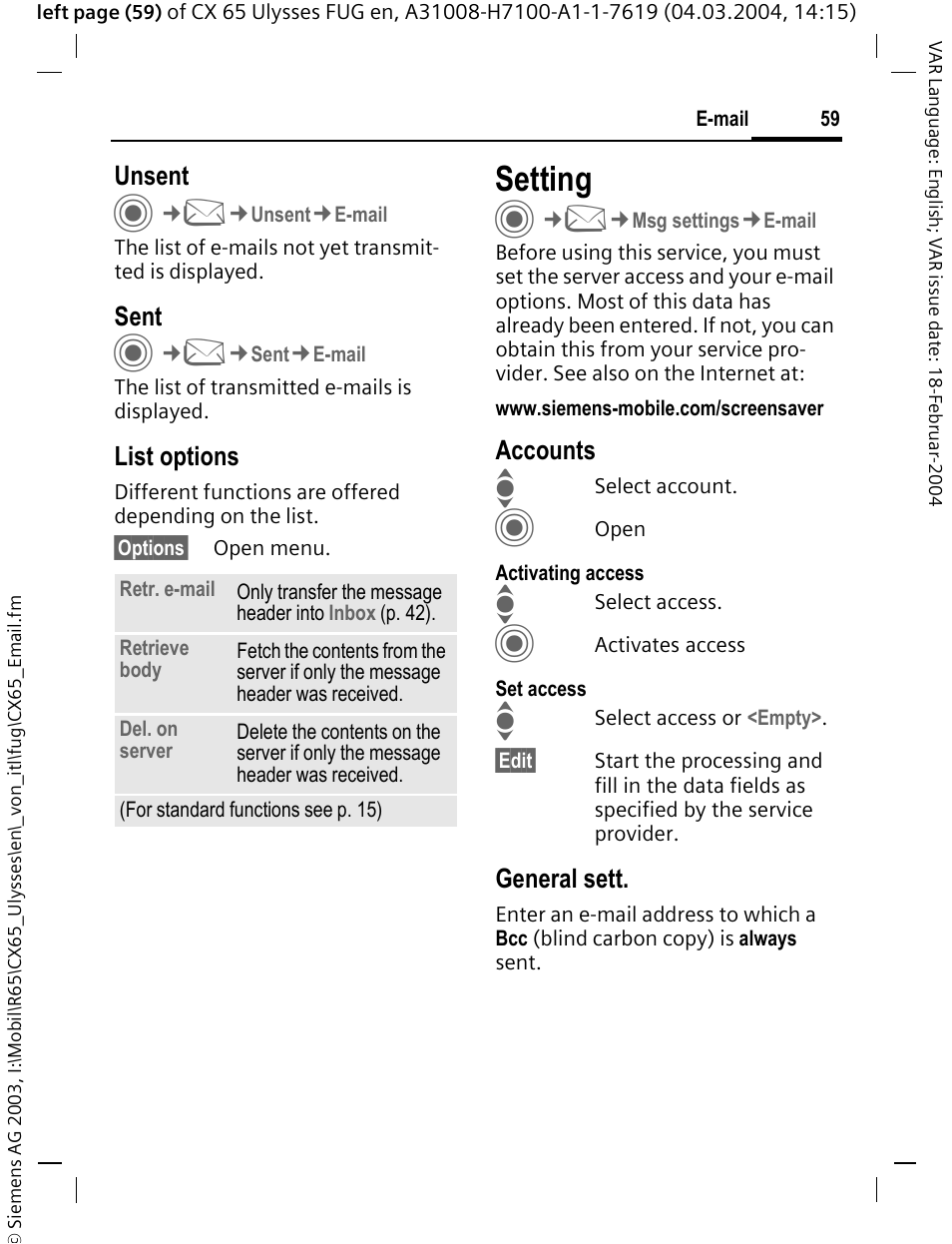 Setting | Siemens CXT65 User Manual | Page 60 / 141