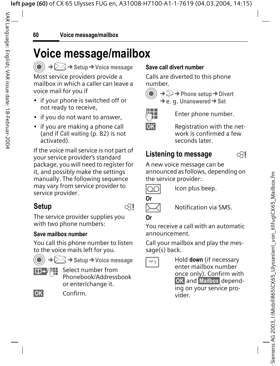 Voice message/mailbox, Voice message/mailbox c | Siemens CXT65 User Manual | Page 61 / 141