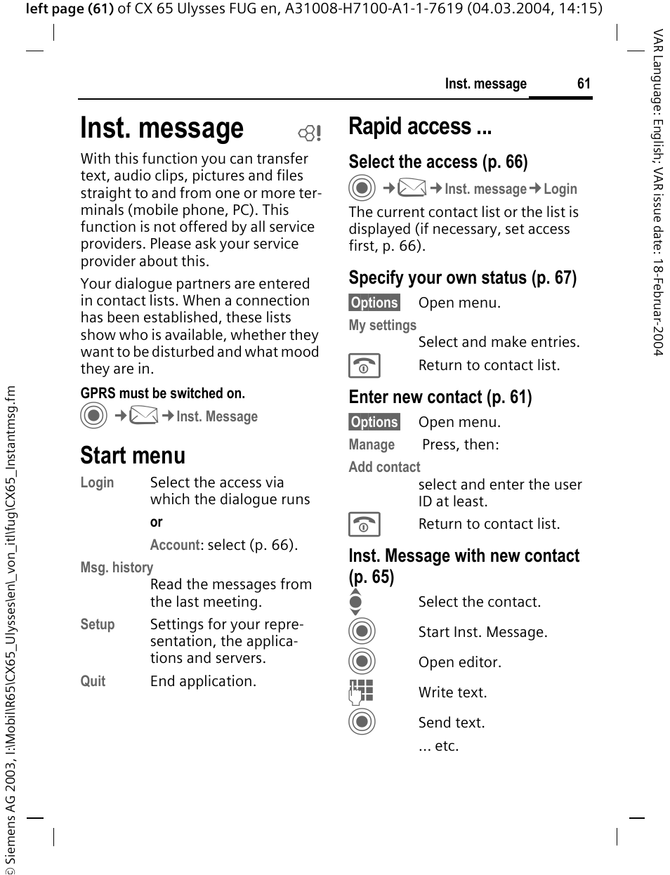Start menu, P. 61, Inst. message | Rapid access | Siemens CXT65 User Manual | Page 62 / 141