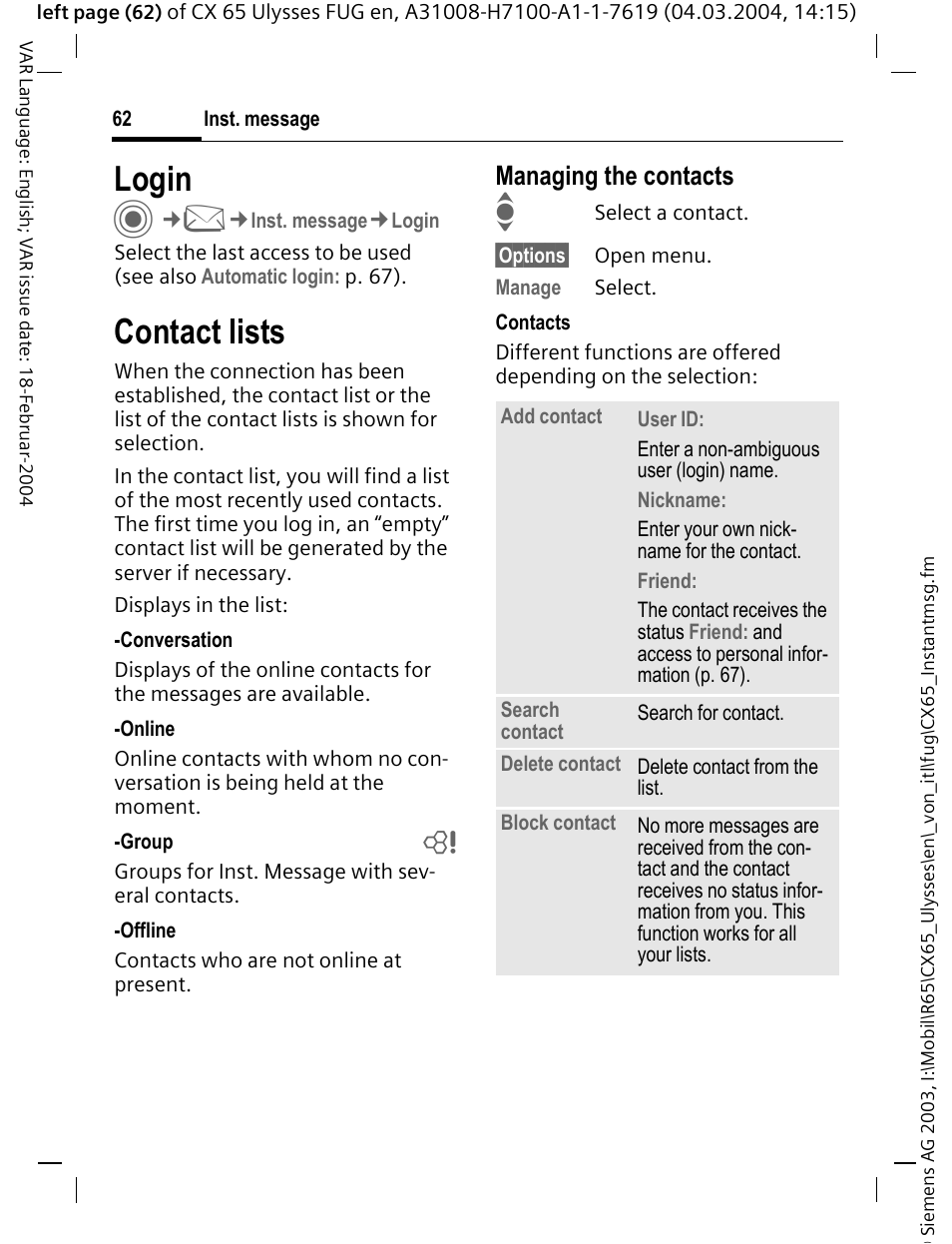 Login, Contact lists, Managing the contacts | Siemens CXT65 User Manual | Page 63 / 141