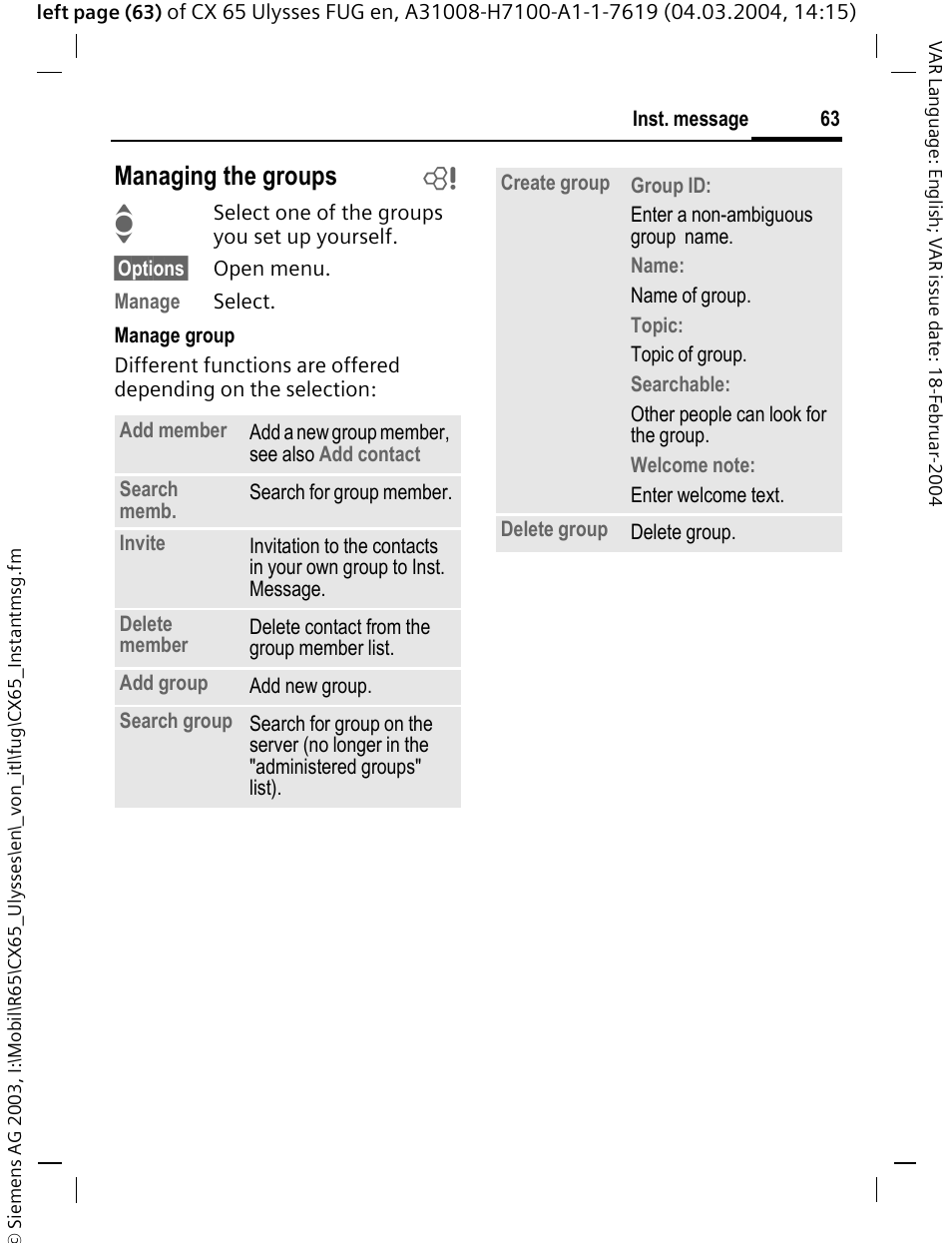 Managing the groups b | Siemens CXT65 User Manual | Page 64 / 141