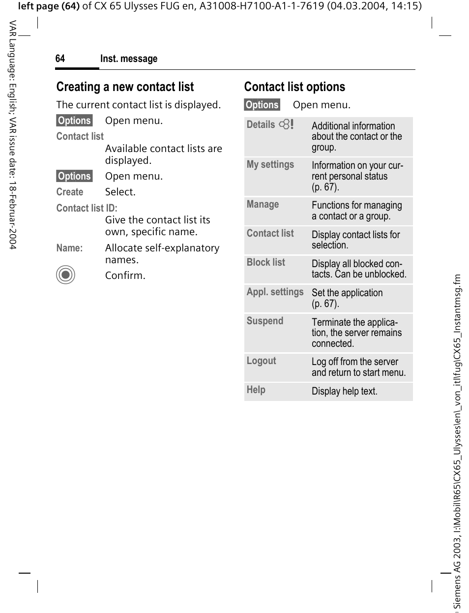 Creating a new contact list, Contact list options | Siemens CXT65 User Manual | Page 65 / 141