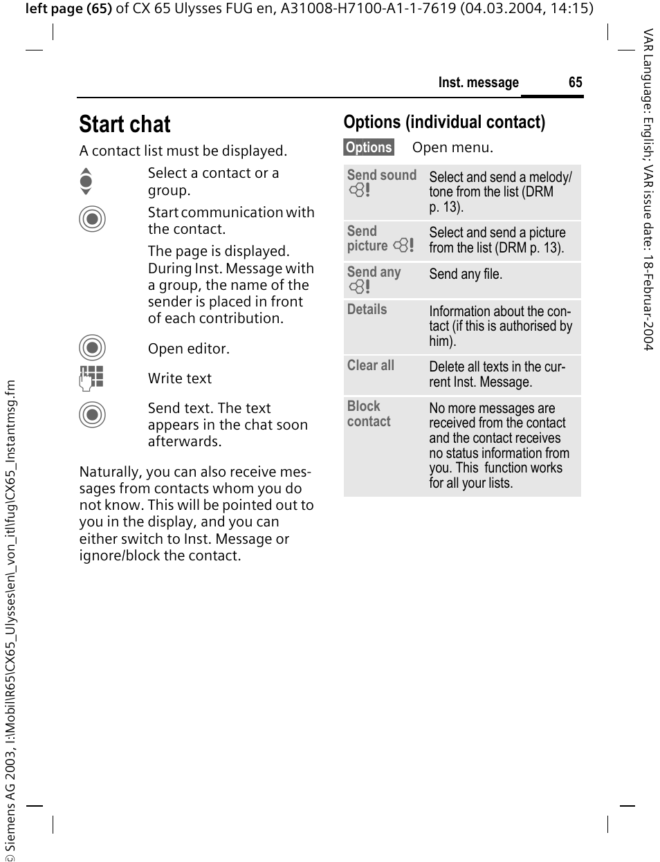 Start chat, P. 65), Options (individual contact) | Siemens CXT65 User Manual | Page 66 / 141