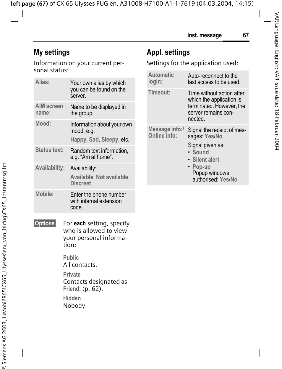 Specify your own status (p. 67), My settings, Appl. settings | Siemens CXT65 User Manual | Page 68 / 141