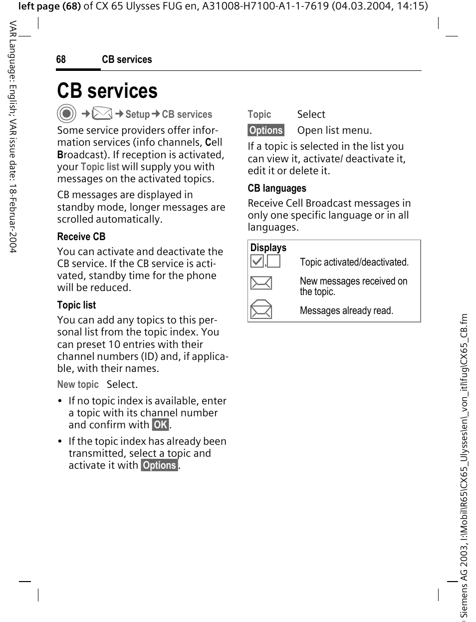 Cb services, Cb services c | Siemens CXT65 User Manual | Page 69 / 141