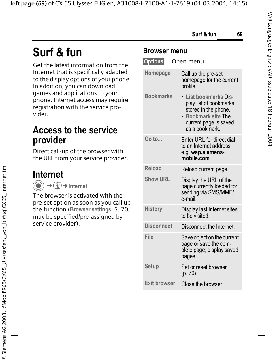 Surf & fun, Internet, Access to the service provider | Browser menu | Siemens CXT65 User Manual | Page 70 / 141