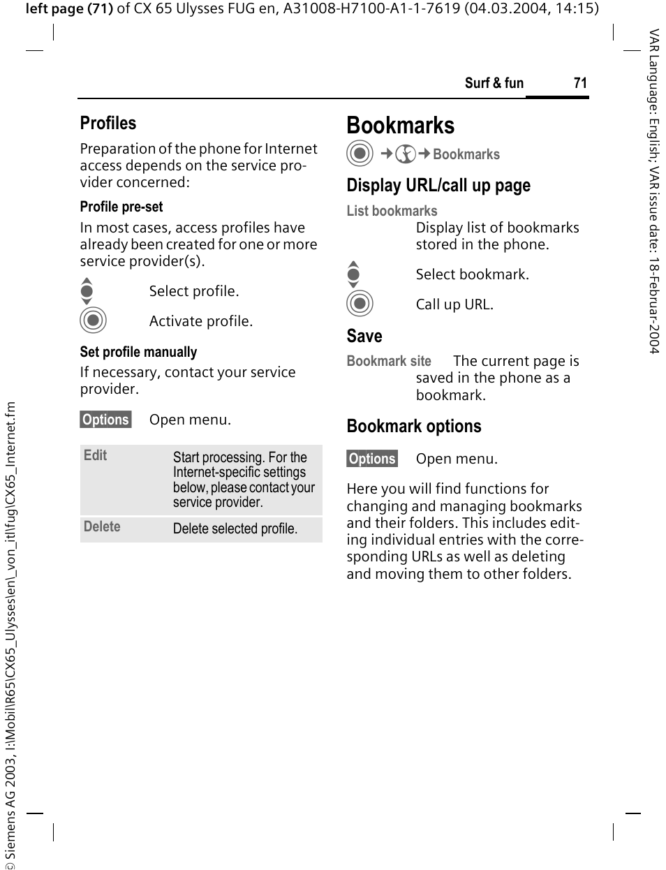 Bookmarks, Profiles, Display url/call up page | Save, Bookmark options | Siemens CXT65 User Manual | Page 72 / 141