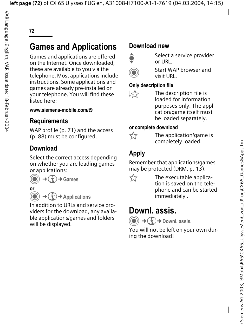 Games and applications, Downl. assis, P. 72) | Siemens CXT65 User Manual | Page 73 / 141