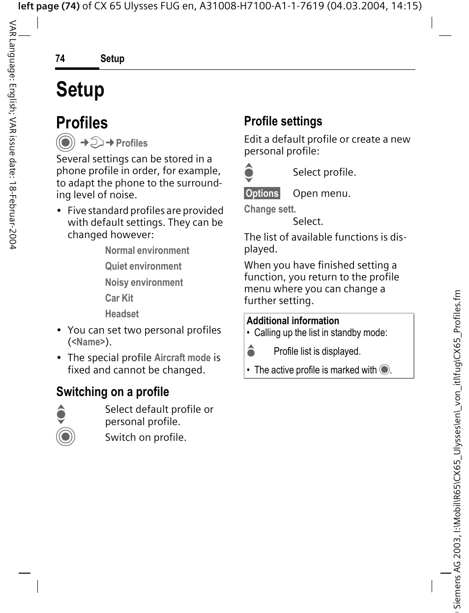 Setup, Profiles, Switching on a profile | Profile settings | Siemens CXT65 User Manual | Page 75 / 141