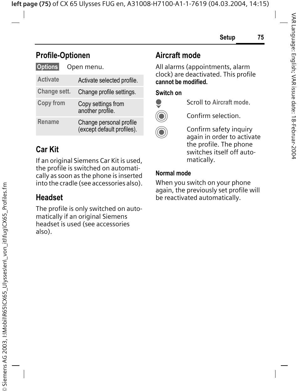 Profile-optionen, Car kit, Headset | Aircraft mode | Siemens CXT65 User Manual | Page 76 / 141