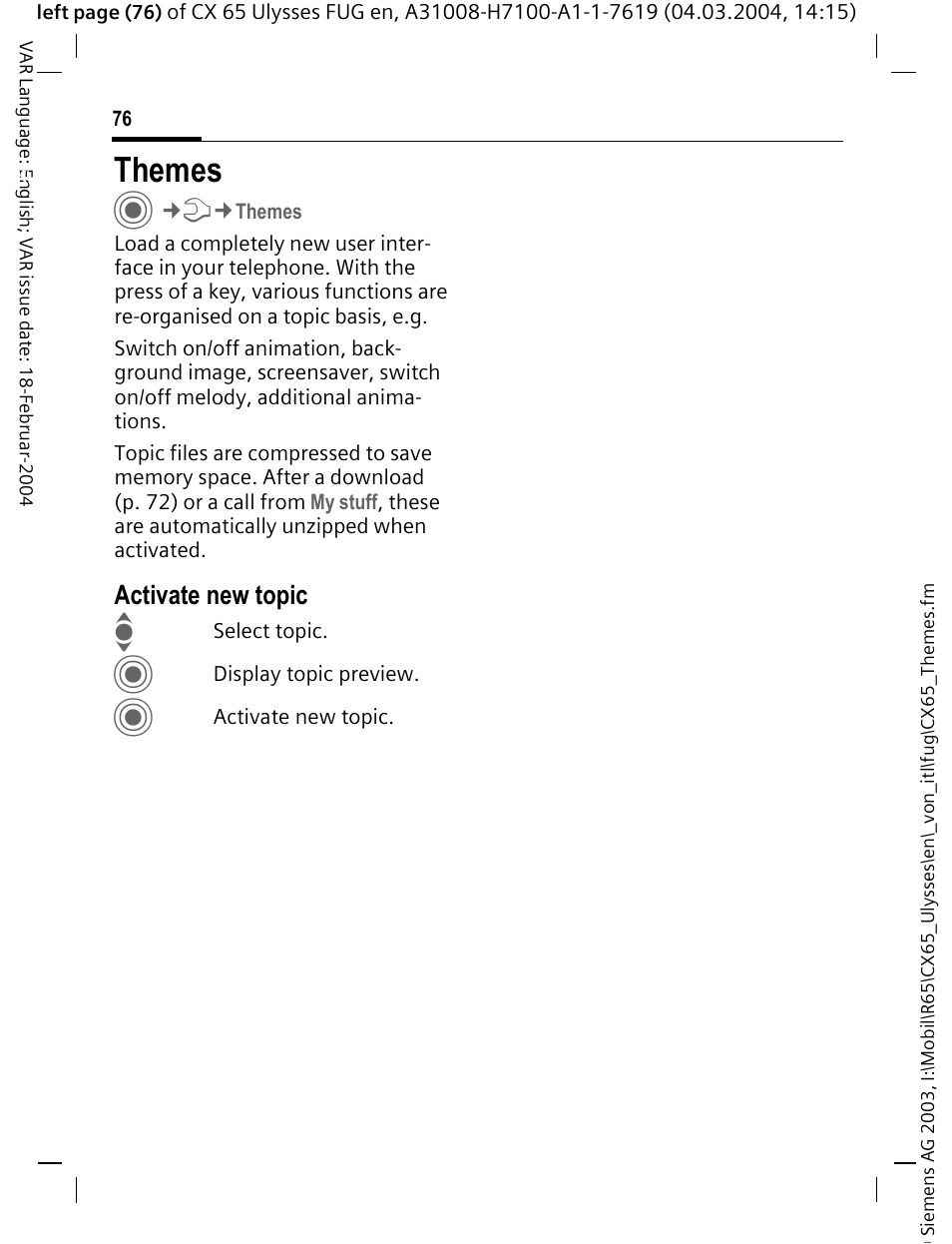 Themes, Activate new topic | Siemens CXT65 User Manual | Page 77 / 141