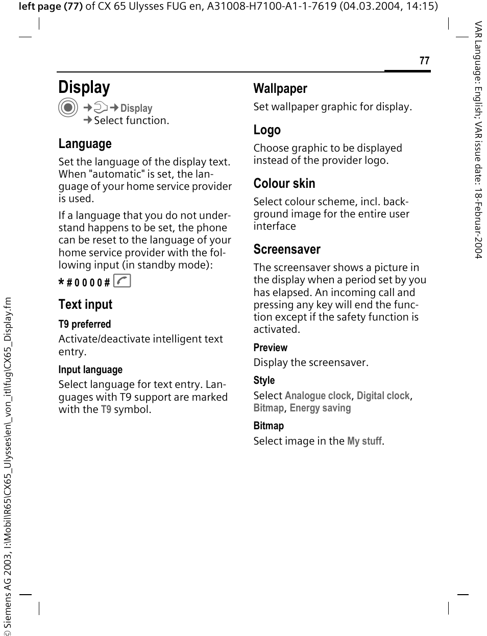 Display, Ver (p. 77), O (p. 77) | R (p. 77), Heme (p. 77), Language, Text input, Wallpaper, Logo, Colour skin | Siemens CXT65 User Manual | Page 78 / 141