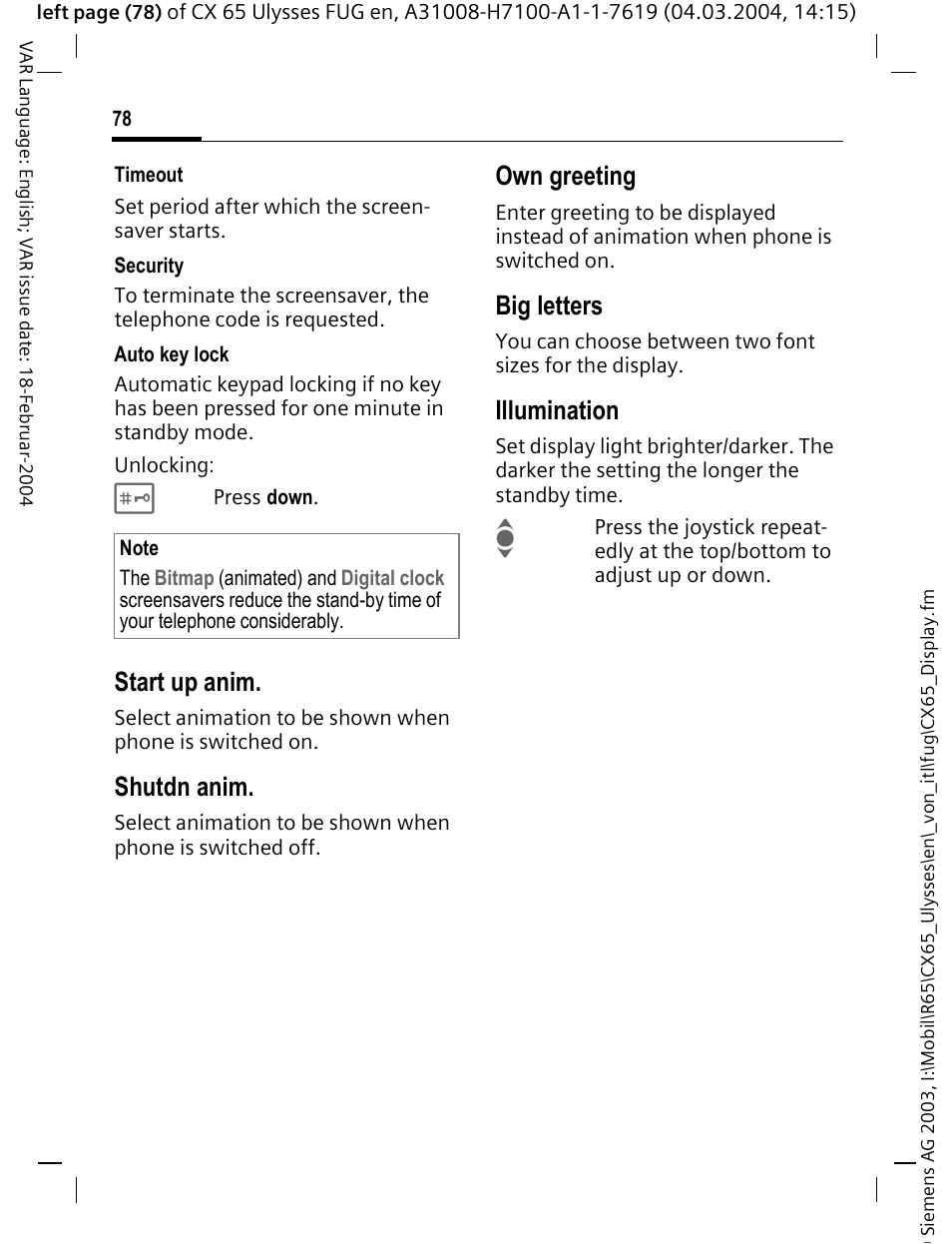 P. 78), Start up anim, Shutdn anim | Own greeting, Big letters, Illumination | Siemens CXT65 User Manual | Page 79 / 141