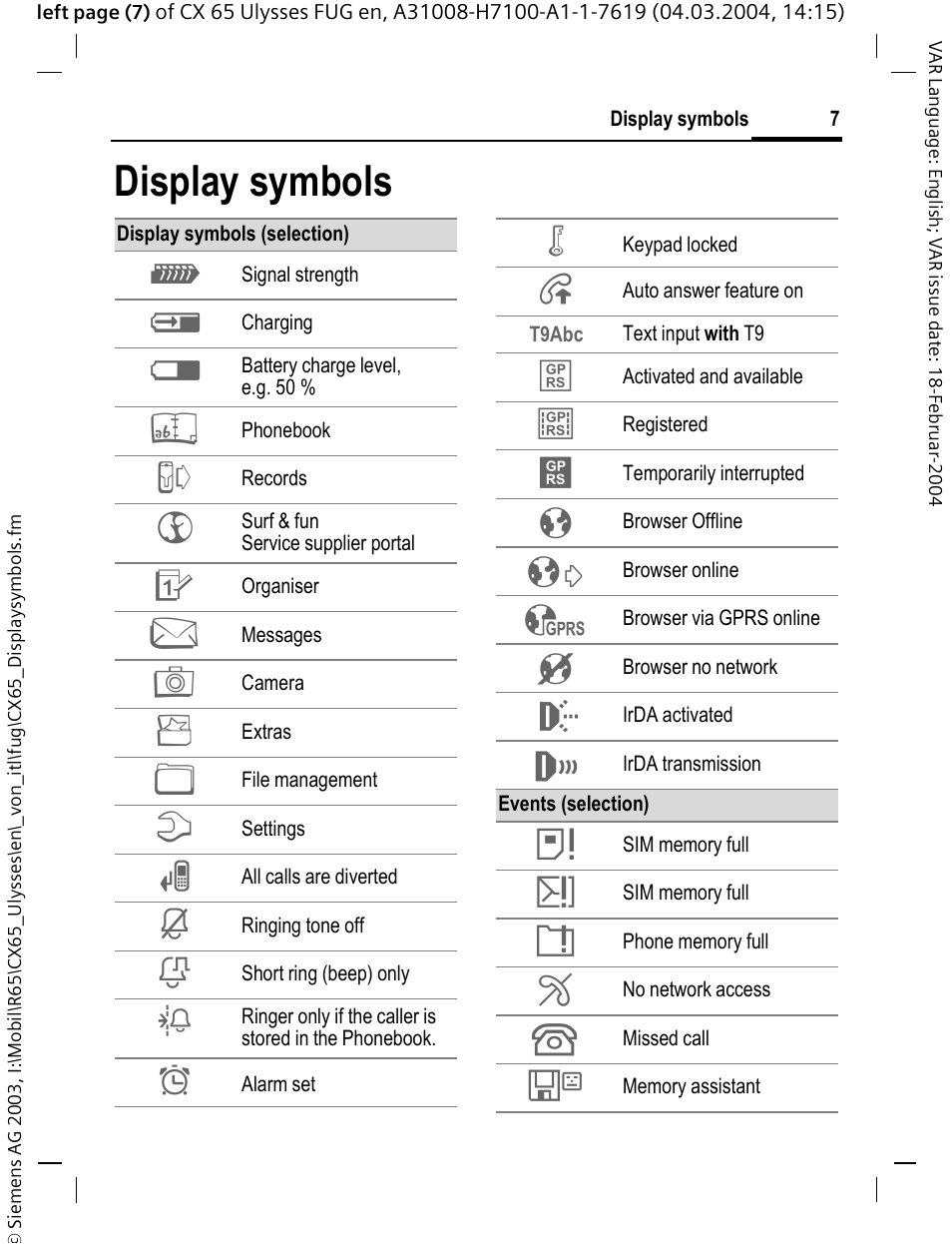 Display symbols | Siemens CXT65 User Manual | Page 8 / 141