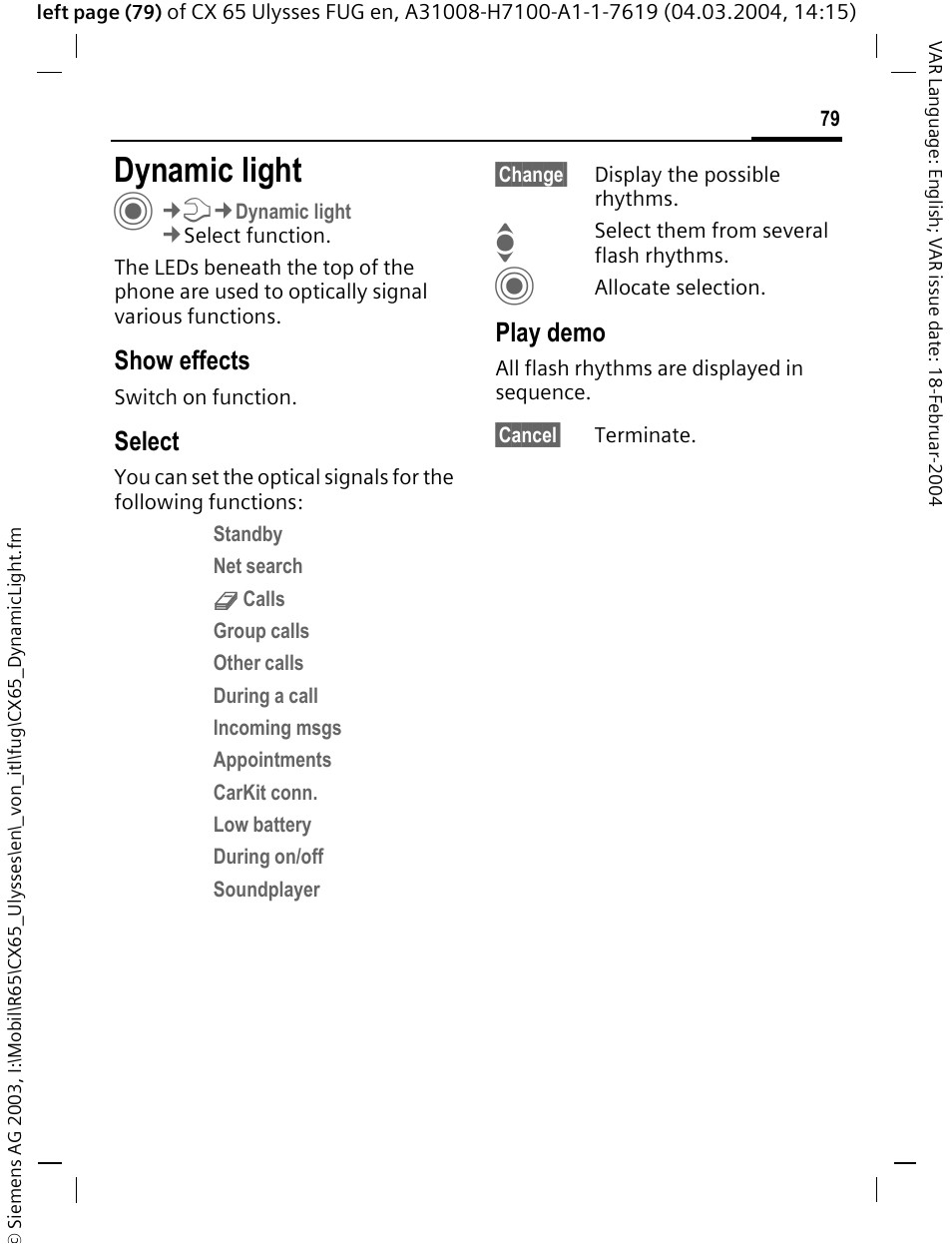 Dynamic light, Show effects, Select | Play demo | Siemens CXT65 User Manual | Page 80 / 141