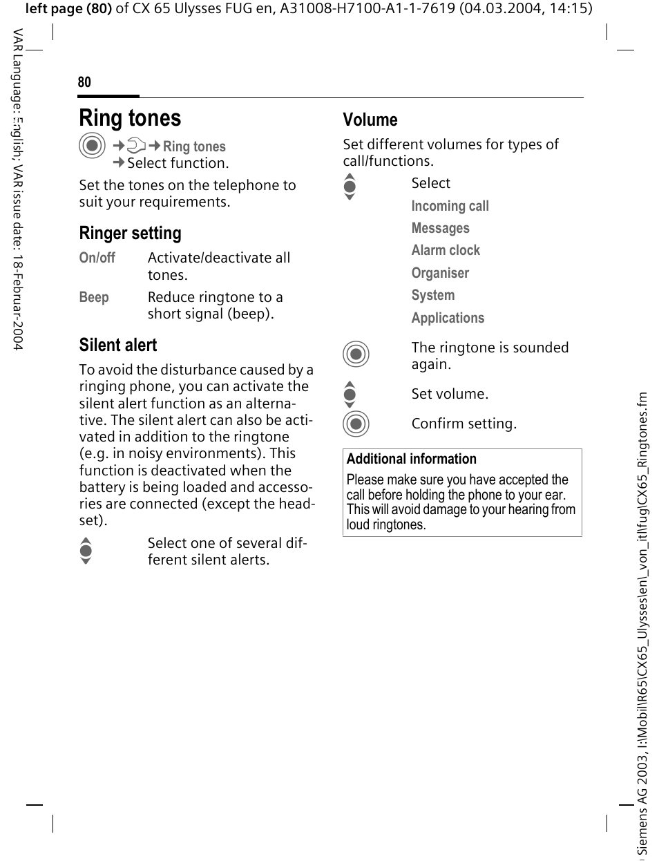 Ring tones, Nes (p. 80), Ringer setting | Silent alert, Volume | Siemens CXT65 User Manual | Page 81 / 141