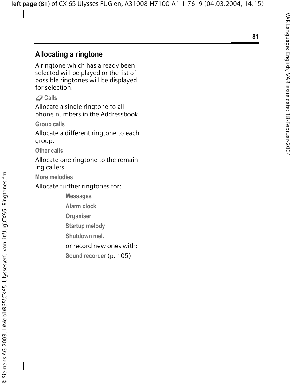 Allocating a ringtone | Siemens CXT65 User Manual | Page 82 / 141