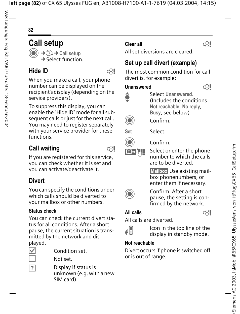 Call setup | Siemens CXT65 User Manual | Page 83 / 141