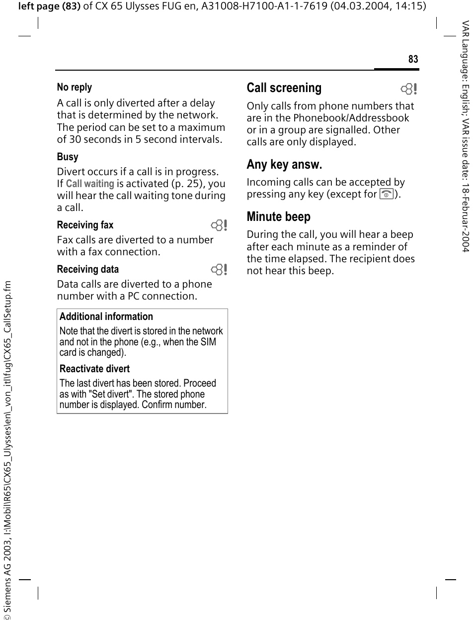 Call screening b, Any key answ, Minute beep | Siemens CXT65 User Manual | Page 84 / 141