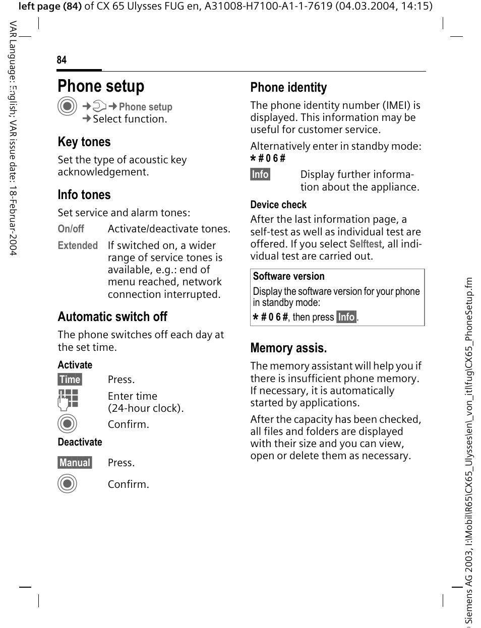 Phone setup, Key tones, Info tones | Automatic switch off, Phone identity | Siemens CXT65 User Manual | Page 85 / 141