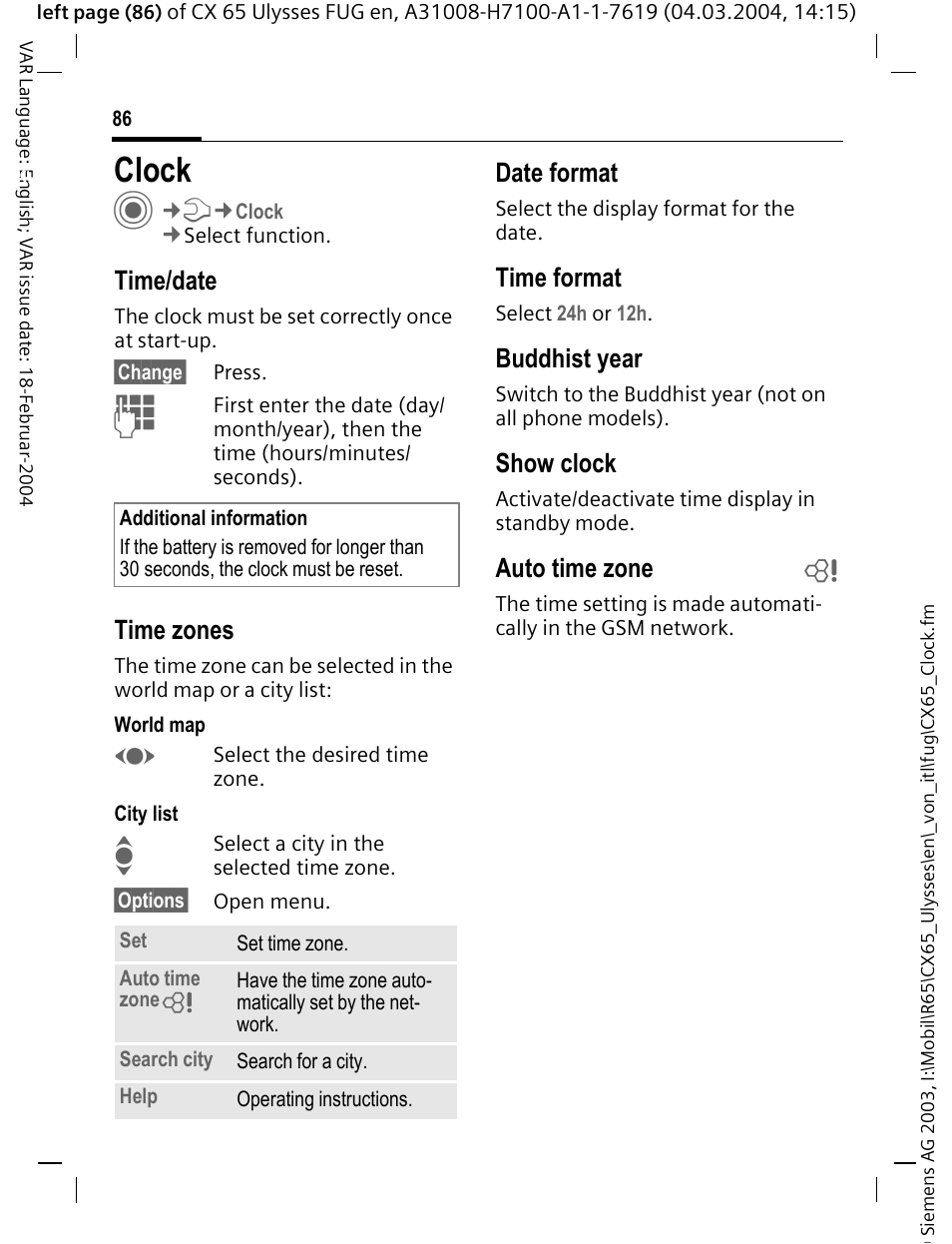 Clock, Time/date, Time zones | Date format, Time format, Buddhist year, Show clock, Auto time zone b | Siemens CXT65 User Manual | Page 87 / 141