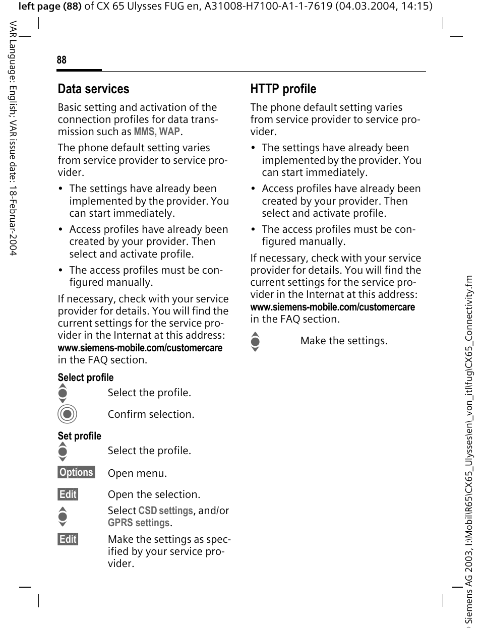 Data services | Siemens CXT65 User Manual | Page 89 / 141