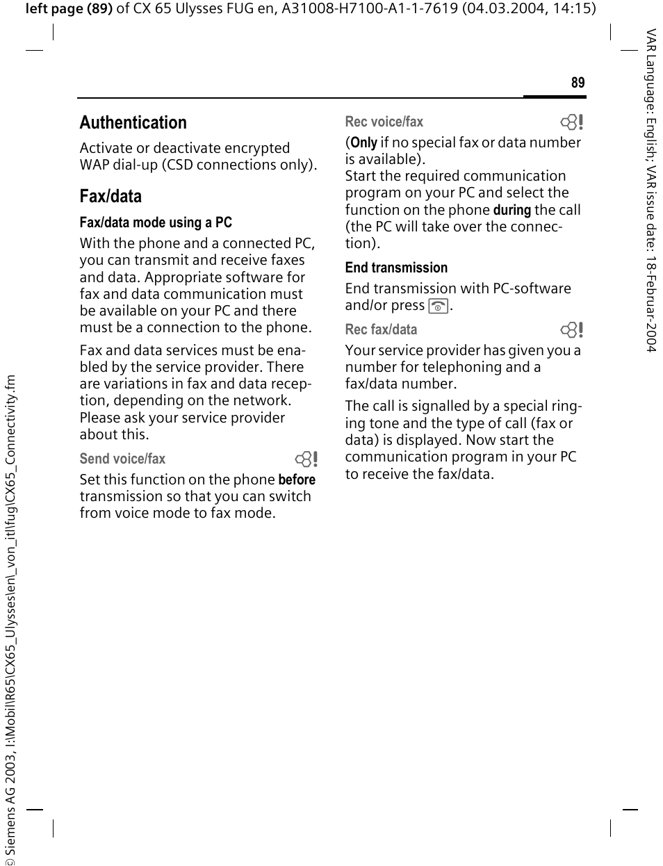 Authentication, Fax/data | Siemens CXT65 User Manual | Page 90 / 141