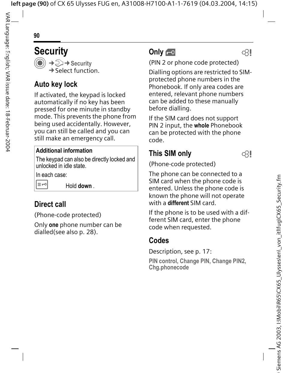 Security, Auto key lock, Direct call | Only, This sim only b, Codes | Siemens CXT65 User Manual | Page 91 / 141