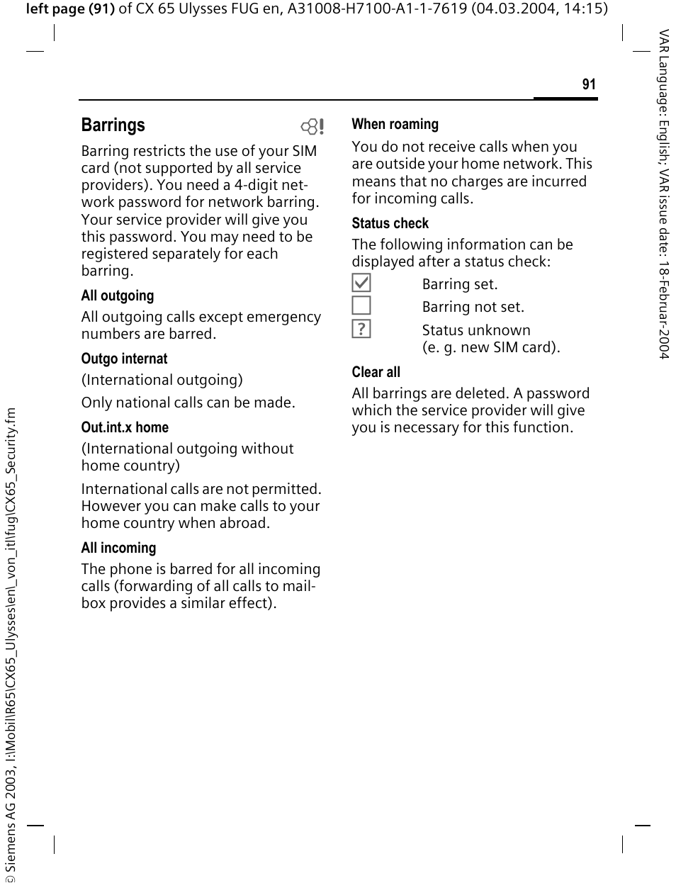 Barrings b | Siemens CXT65 User Manual | Page 92 / 141