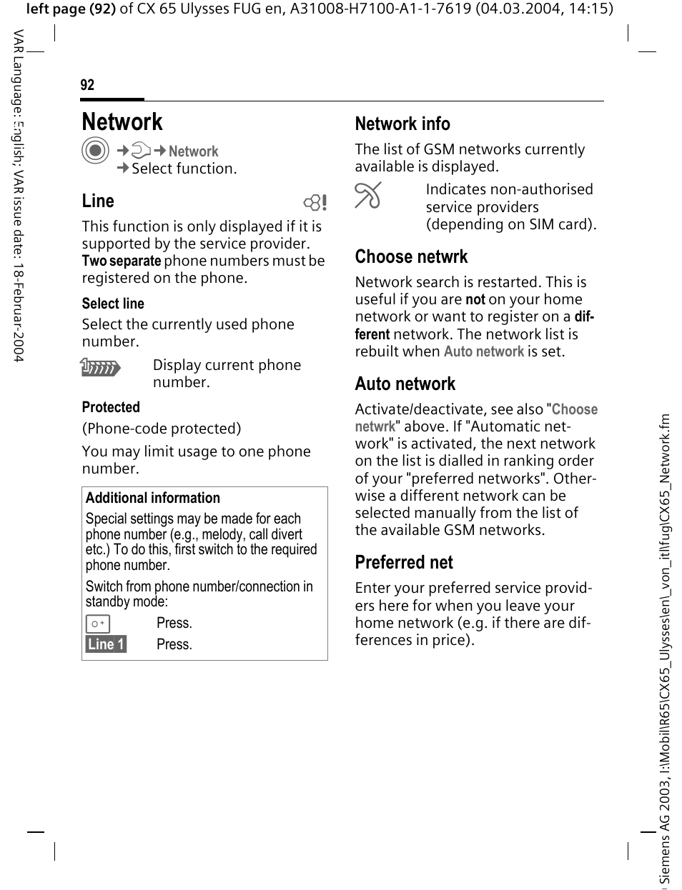 Network, Line b, Network info | Choose netwrk, Auto network, Preferred net | Siemens CXT65 User Manual | Page 93 / 141