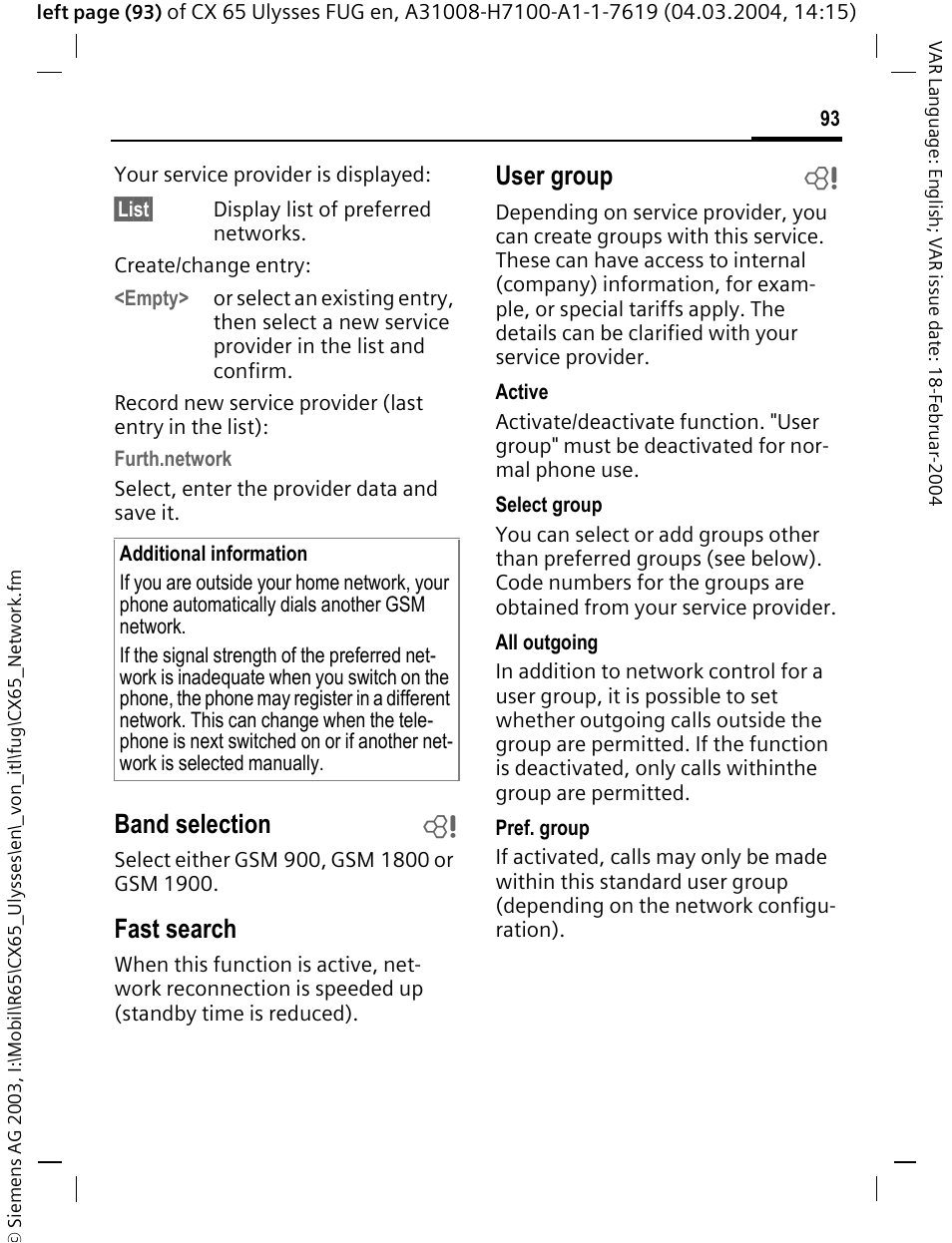 Band selection b, Fast search, User group b | Siemens CXT65 User Manual | Page 94 / 141