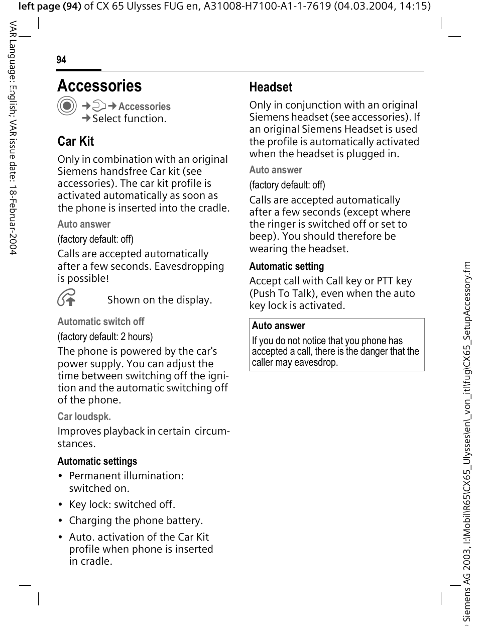 Accessories, Car kit, Headset | Siemens CXT65 User Manual | Page 95 / 141