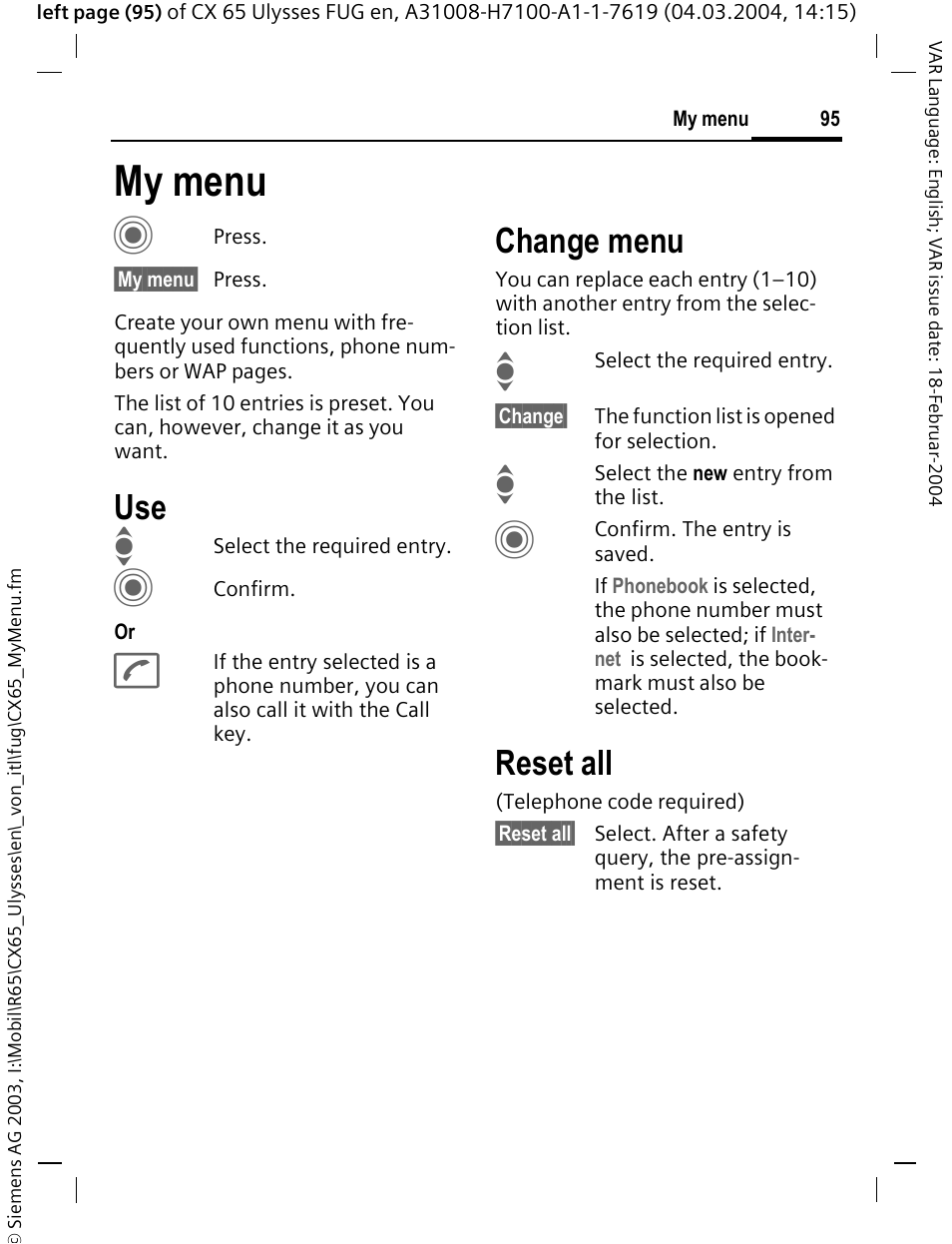 My menu, Y (p. 95) us, My menu c | Change menu, Reset all | Siemens CXT65 User Manual | Page 96 / 141