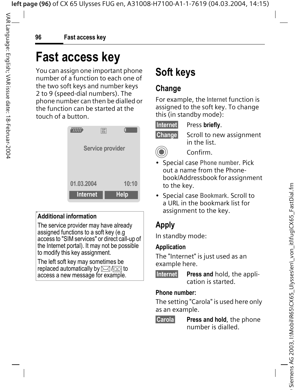 Fast access key, Soft keys, Change | Apply | Siemens CXT65 User Manual | Page 97 / 141