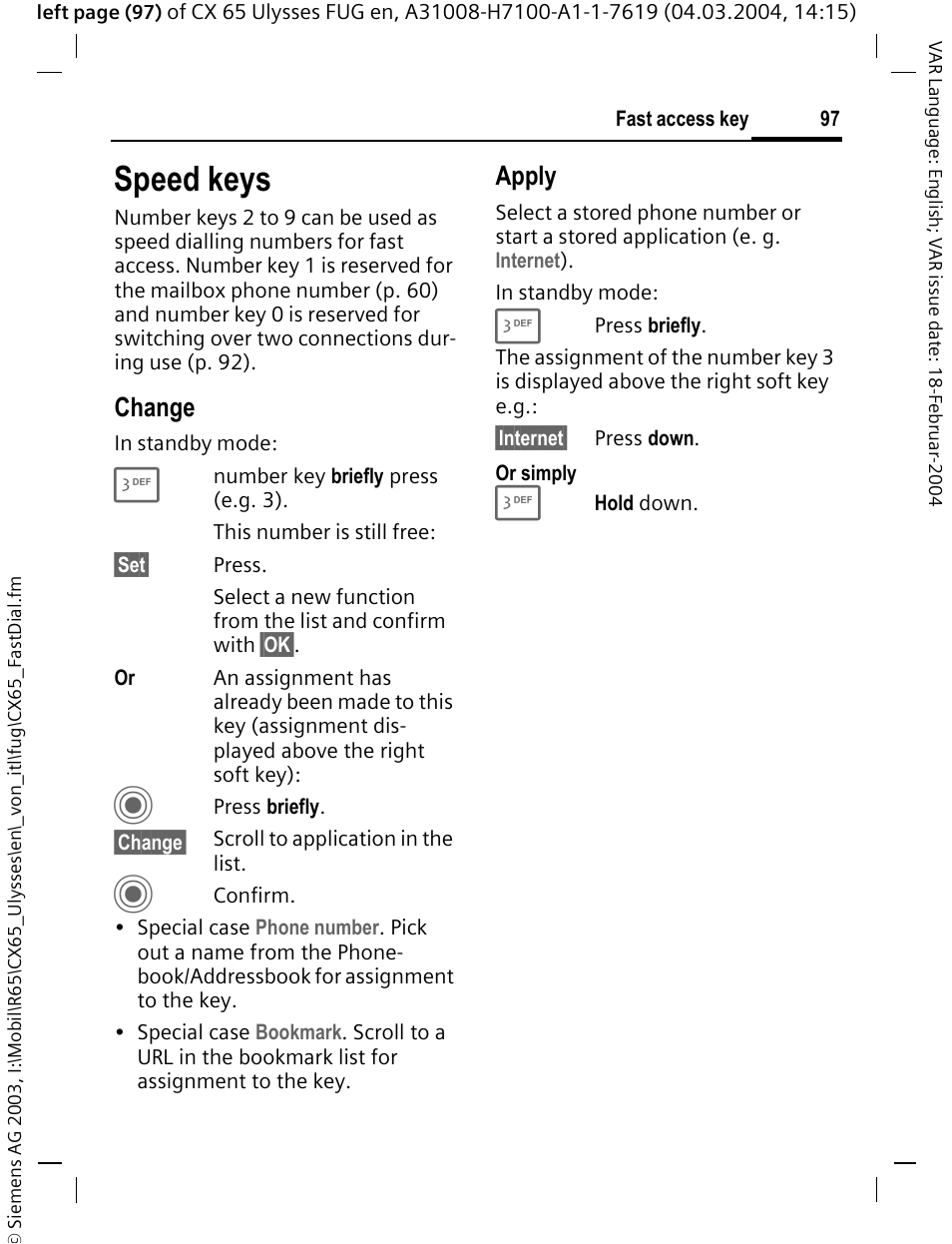 Speed keys, Change, Apply | Siemens CXT65 User Manual | Page 98 / 141