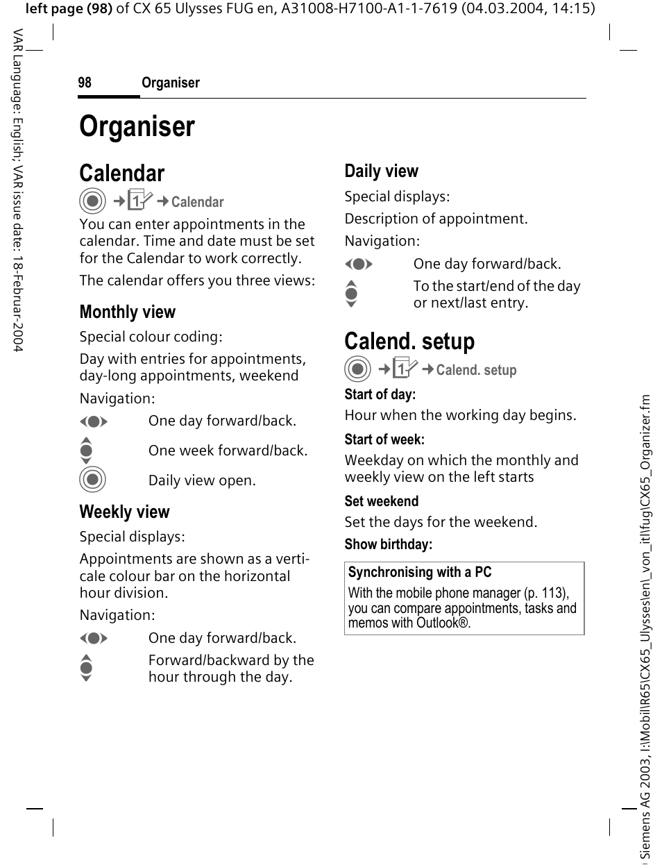 Organiser, Calendar, Calend. setup | Siemens CXT65 User Manual | Page 99 / 141