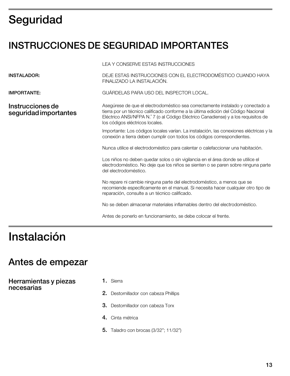 Seguridad, Instalación, Instrucciones de seguridad importantes | Antes de empezar | Siemens HW300500 User Manual | Page 13 / 20