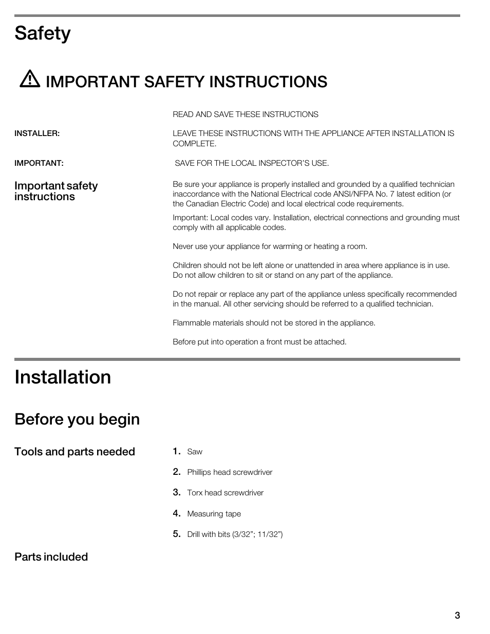 Safety, Installation, Important safety instructions | Before you begin | Siemens HW300500 User Manual | Page 3 / 20