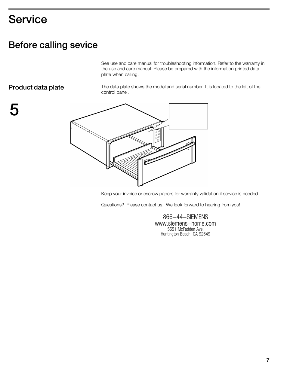 Service, Before calling sevice | Siemens HW300500 User Manual | Page 7 / 20