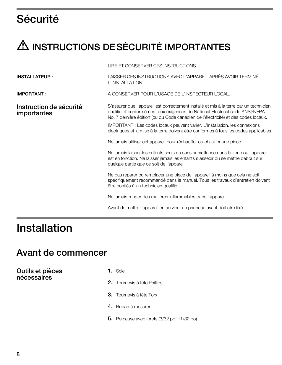 Sécurité, Installation, Instructions de sécurité importantes | Avant de commencer | Siemens HW300500 User Manual | Page 8 / 20