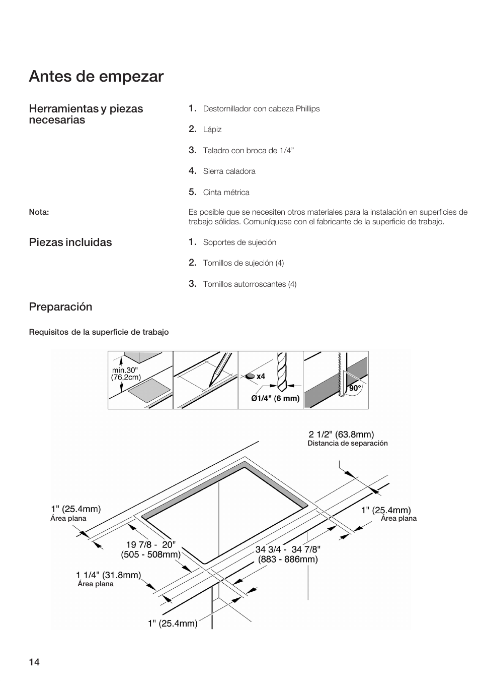 Antes de empezar, Herramientas y piezas necesarias, Piezas incluidas preparación | Siemens ET 97..UC User Manual | Page 14 / 20