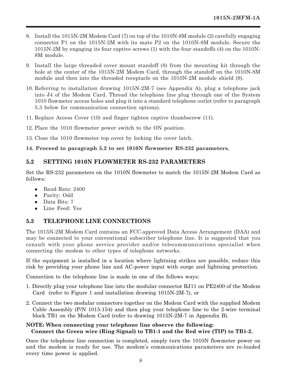 2 setting 1010n flowmeter rs-232 parameters, 3 telephone line connections | Siemens 1015N-2MFM-1A User Manual | Page 12 / 25